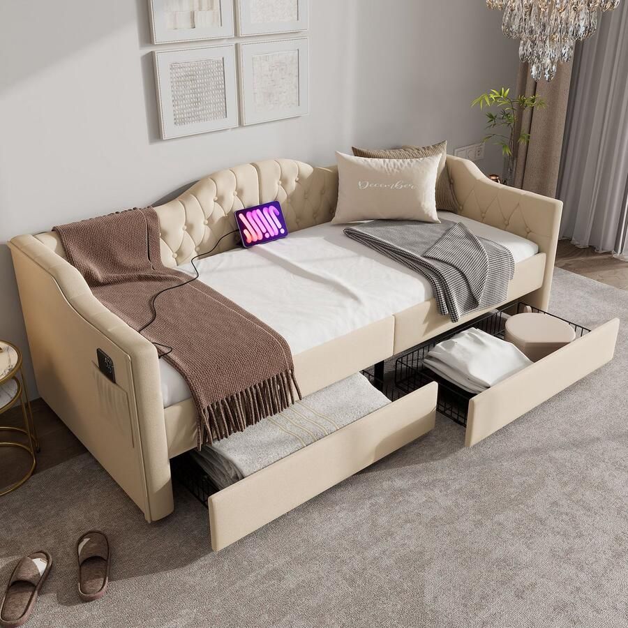Sweiko Gestoffeerd bed Daybed Slaapbank Opbergbedden Bedframe met USB Type C oplaadfunctie en 2 lades 90x200cm Fluweel in Beige Fluweel (Zonder matras)