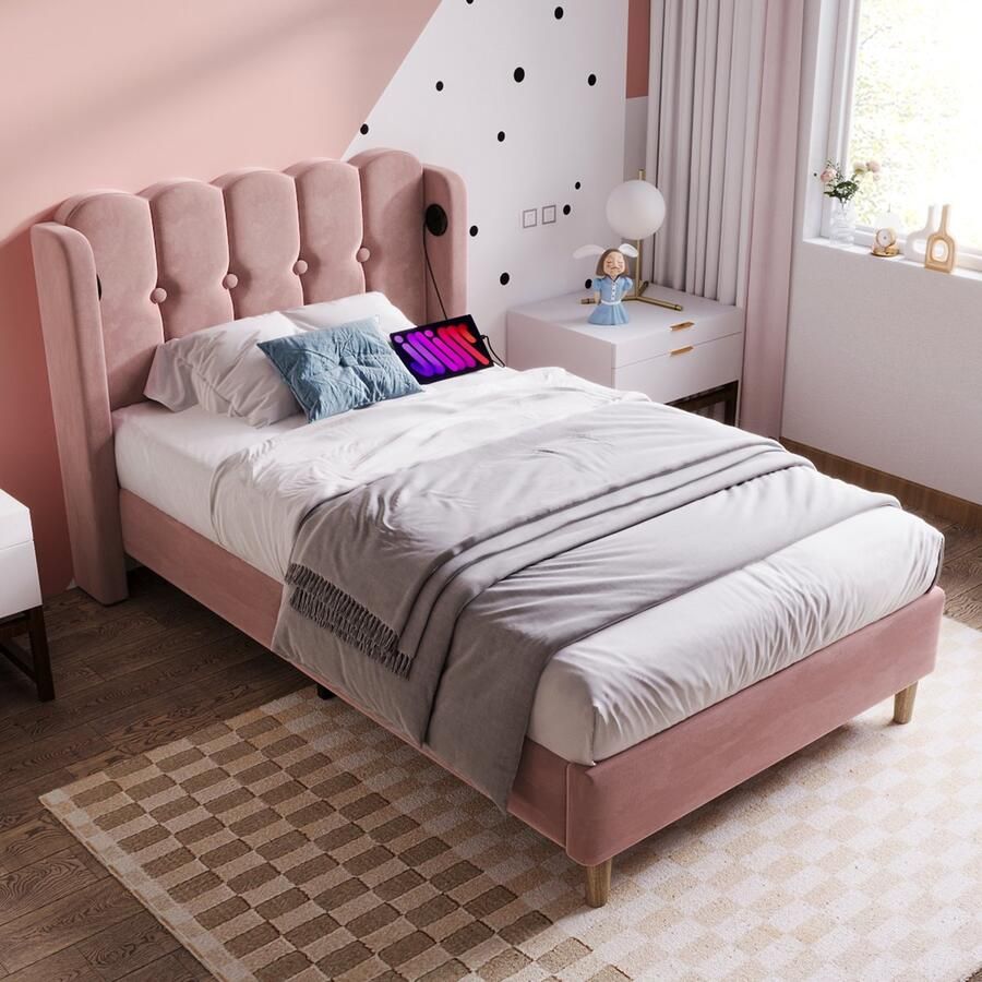 Sweiko Gestoffeerd bed Eenpersoonsbed met USB type-C oplaadfunctie bedplaats met plat noedelsframe Roze 90 x 200 cm bedplaats Slaapkamer Jeugdbed Gastenkamer fluweel (Zonder matras)