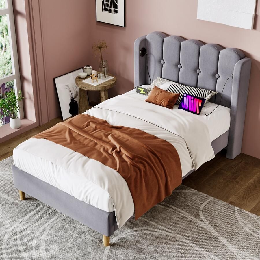Sweiko Gestoffeerd bed Eenpersoonsbed met USB type-C oplaadfunctie bedplaats met plat noedelsframe Grijs 90 x 200 cm bedplaats Slaapkamer Jeugdbed Gastenkamer fluweel (Zonder matras)