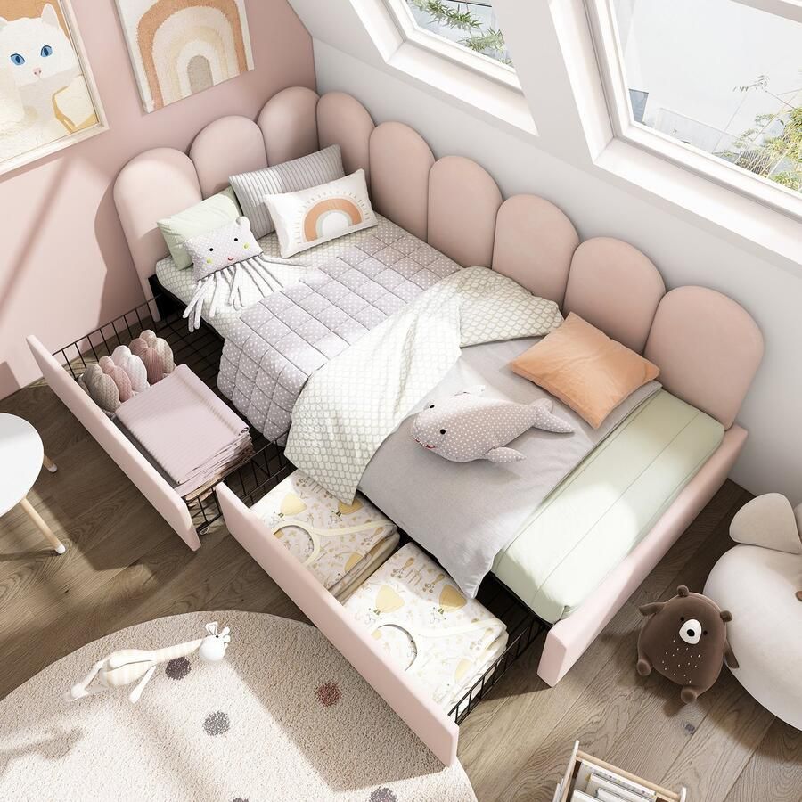 Sweiko Gestoffeerd bed Eenpersoonsbed Opbergbed met Lades Fluwelen slaapbank 90x200cm Jeugdbed en volwassen bed met Vlak noedelsframe Roze (zonder matras)