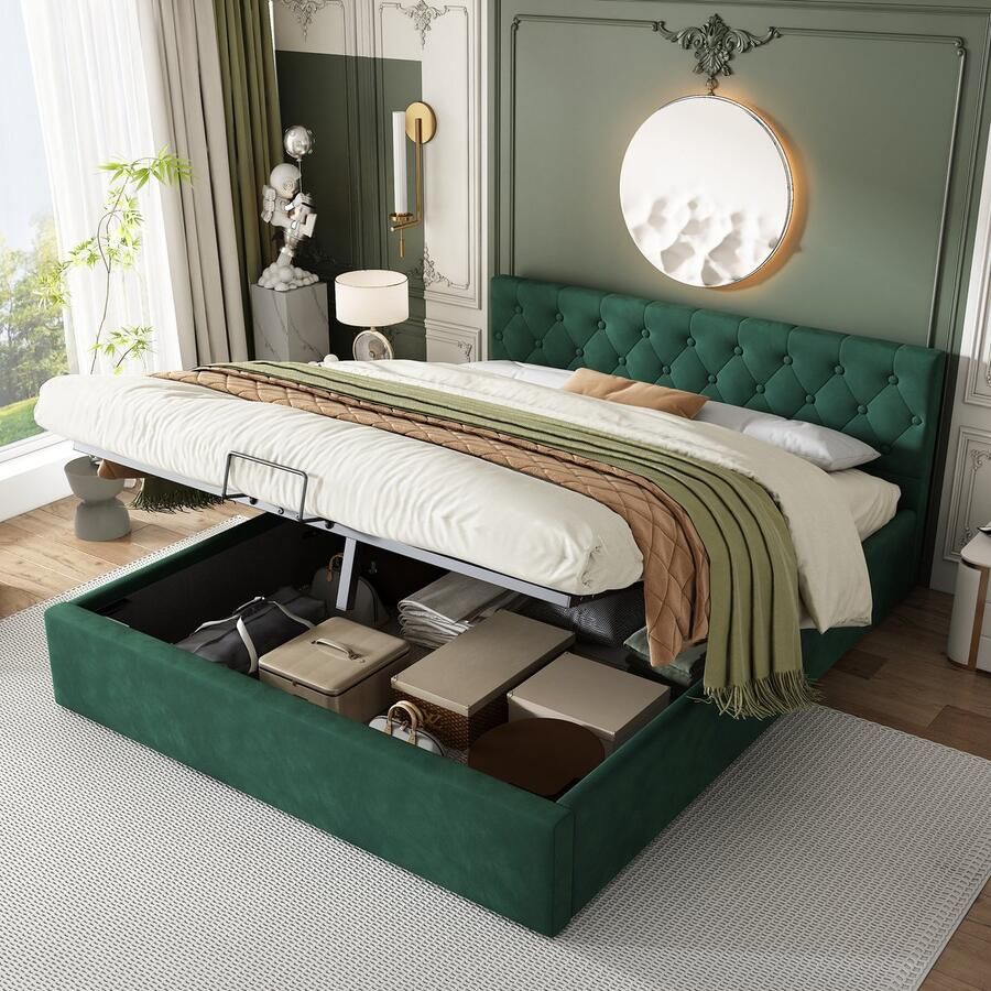 Sweiko Gestoffeerd bed grote bergruimte Vlak noedelsframe tweepersoonsbed houten poten Groen 140 x 200 cm