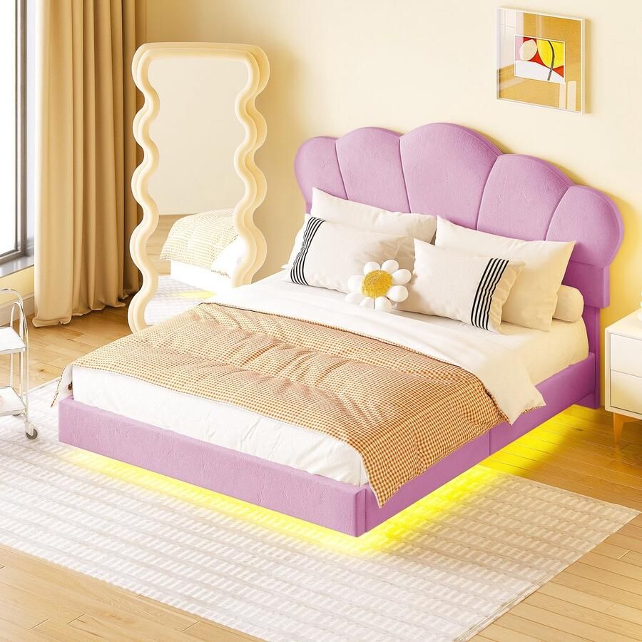 Sweiko Gestoffeerd Bed Kinderbed 140*200cm met LED-lichtstrip Wolkvormig hoofdeinde Verborgen voetbordontwerp Jongens- en Meidenbed Jeugdbed Fluwelen stof Roze (zonder matras)