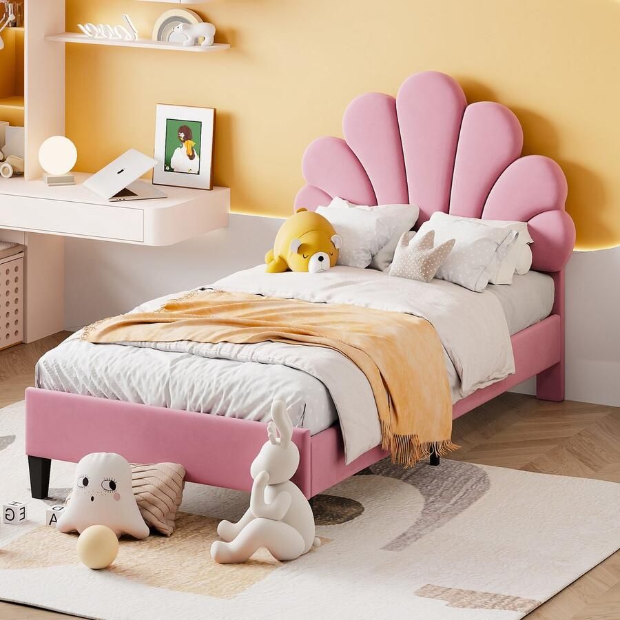 Sweiko Gestoffeerd bed Kinderbed 90 x 200 cm Bedframe met bloemhoofdeinde en lattenboden Teenie meisjesbed in huidvriendelijke fluwelen stof Gastenbed Roze