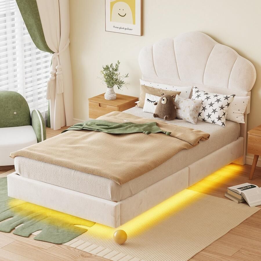 Sweiko Gestoffeerd Bed Kinderbed 90*200cm met LED-lichtstrip Wolkvormig hoofdeinde Verborgen voetbordontwerp Jongens- en Meidenbed Jeugdbed Fluwelen stof Beige (zonder matras)