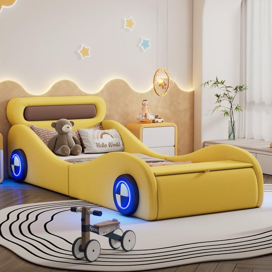 Sweiko Gestoffeerd bed kinderbed 90x200 cm autovorm met verlichte wielen en opbergruimte PU zonder matras geel