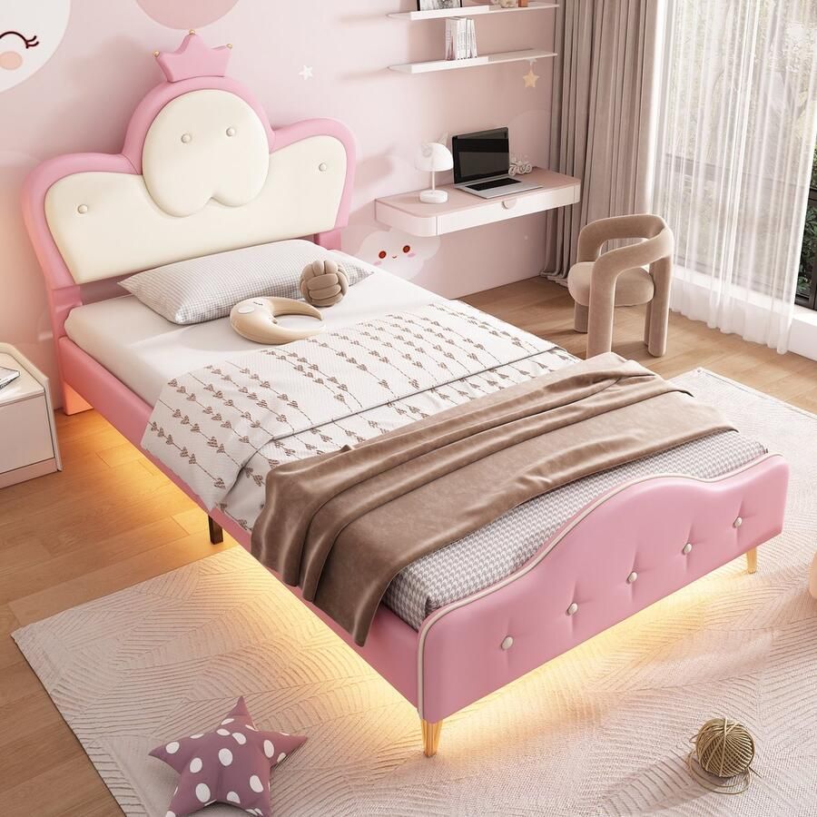 Sweiko Gestoffeerd bed kinderbed Roze meisjes prinsessenbed met zachte beschermende randen monochrome LED-strip hoofdbord met kroon metalen bedpoten golfvorm met trekpunt aan het hoofdeinde van het bed eenpersoonsbed PU roze+wit 90x200cm