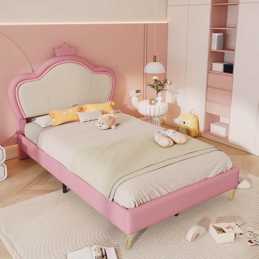 Sweiko Gestoffeerd bed kinderbed Roze meisjes prinsessenbed met zachte beschermranden hoofdbord met kroon metalen bedpoten elegant gestoffeerd hoofdbordprofiel eenpersoonsbed PU roze+wit 90x200cm
