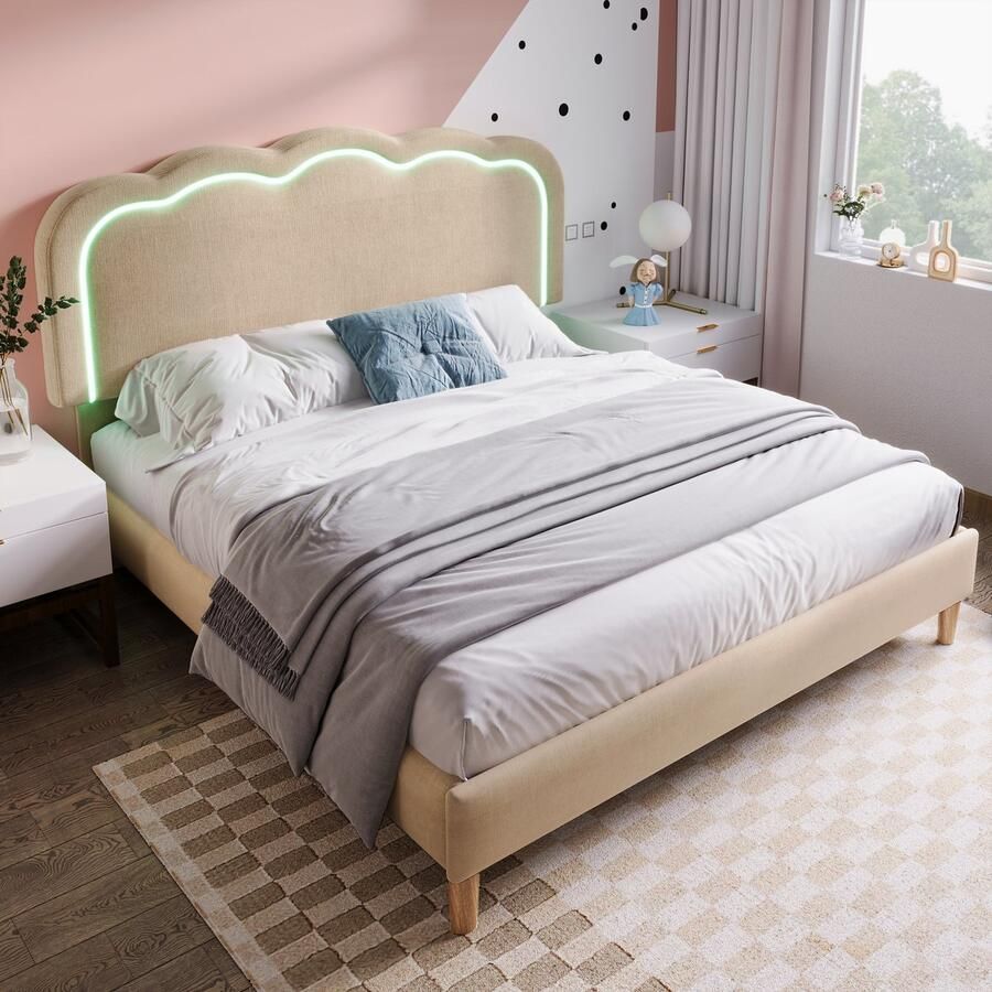 Sweiko Gestoffeerd bed LED tweepersoonsbed 140 x 200cm Bedframe met lattenbod en verstelbaar hoofdeinde Gewatteerd bed in roze Bedframe Jeugdbed voor slaapkamer Gastenbod fluweel