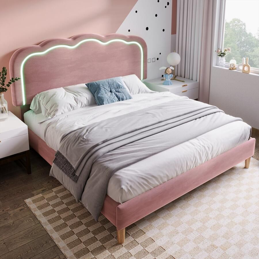 Sweiko Gestoffeerd bed LED tweepersoonsbed 140 x 200cm Bedframe met lattenbod en verstelbaar hoofdeinde Gewatteerd bed in roze Bedframe Jeugdbed voor slaapkamer Gastenbod fluweel