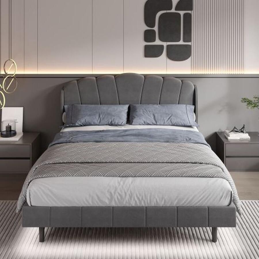 Sweiko Gestoffeerd bed met bewegingsgevoelige LED-verlichting onder het hoofdeinde bed- en voetlichtstrips 140*200 matras niet inbegrepen fluweel grijs