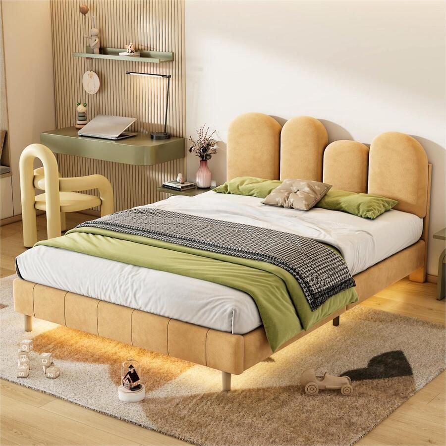 Sweiko Gestoffeerd bed met duimvorm hoofdeinde Kinderbed jeugdbed met onderbed LED lichtstrip in warm geel Tweepersoonsbed met houten latten fluweel Khaki 140x200cm