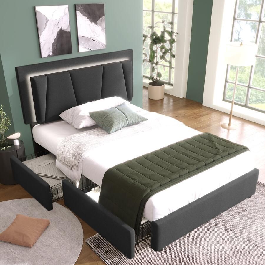 Sweiko Gestoffeerd bed met LED verlichting en 2-laden 90x200cm in hoogte verstelbaar hoofdeinde eenpersoonsbed Opbergbedden Bed frame Houten lattenbod Grijs (Zonder matras)