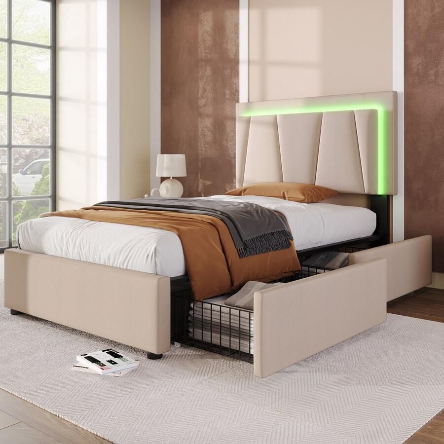 Sweiko Gestoffeerd bed met LED verlichting en 2-laden 90x200cm in hoogte verstelbaar hoofdeinde eenpersoonsbed Opbergbedden Bed frame Houten lattenbod Beige (Zonder matras)