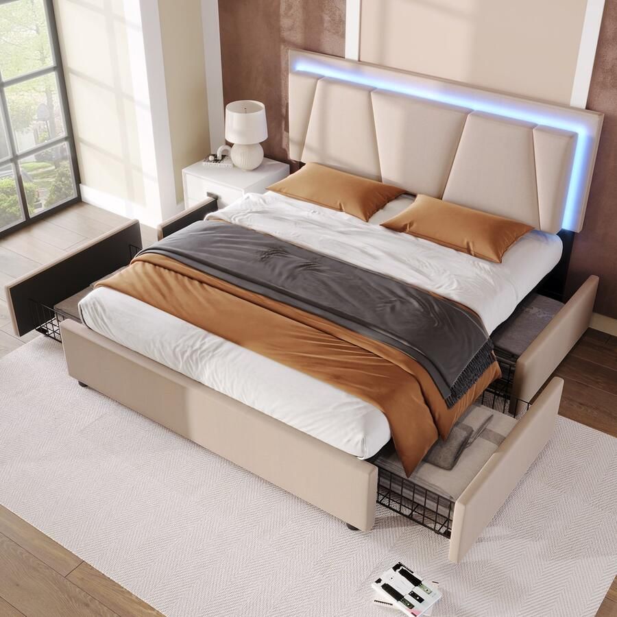 Sweiko Gestoffeerd bed met LED verlichting en 4-laden 160x200cm in hoogte verstelbaar hoofdeinde eenpersoonsbed Opbergbedden Bed frame Houten lattenbod Beige (Zonder matras)