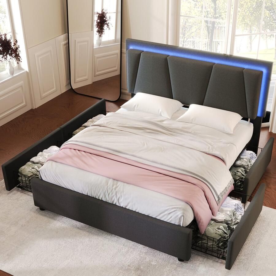 Sweiko Gestoffeerd bed met LED verlichting en 4-laden 140x200cm in hoogte verstelbaar hoofdeinde eenpersoonsbed Opbergbedden Bed frame Houten lattenbod Grijs (Zonder matras)