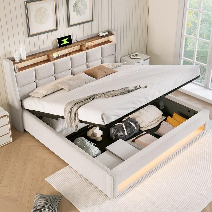 Sweiko Gestoffeerd bed met USB 140x200cm LED Verlichting Eenpersoonsbed Met Opbergruimte Beige Metalen frame Vlak noedelsframe linnen bedstead jeugdbed (zonder matras)