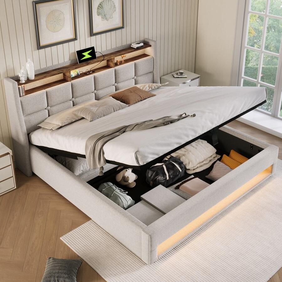 Sweiko Gestoffeerd bed met USB 180x200cm LED Tweepersoonsbed Metalen frame Vlak noedelsframe linnen bedstead jeugdbed Beige (zonder matras)