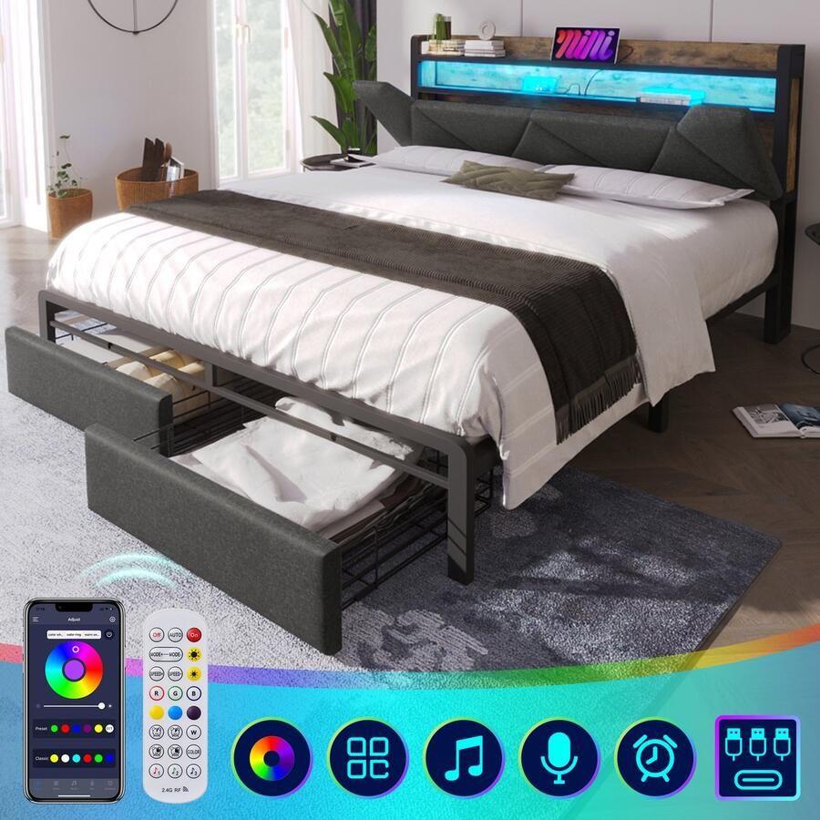 Sweiko Gestoffeerd bed met USB C-type oplaadfunctie LED verlichting opbergruimte hoofd en lade eenpersoonsbed 160 x 200cm opbergbed metalen frame bedplaats met platte noedelsvoet Donkergrijs (geen matras)