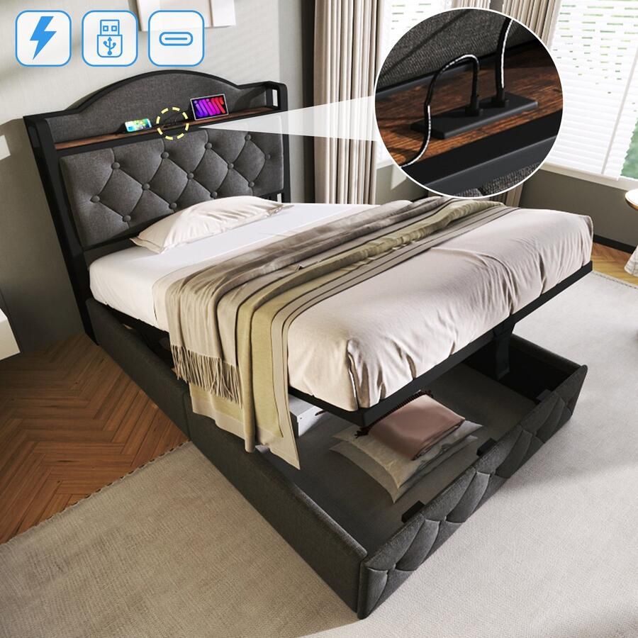 Sweiko Gestoffeerd bed met USB Type C oplaadfunctie eenpersoonsbed 90 x 200cm Opslagbed met metalen frame lattenboden Donkergrijs(zonder matras)