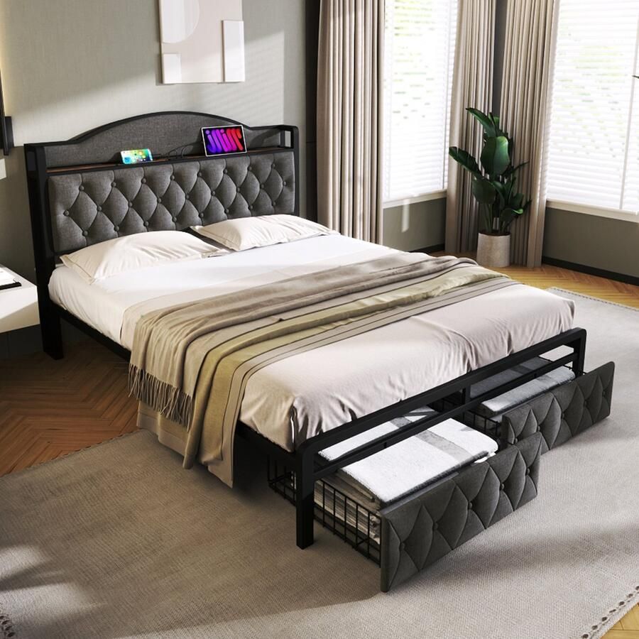 Sweiko Gestoffeerd bed met USB Type C oplaadfunctie en laden eenpersoonsbed 140 x 200 opbergbedden Bed frame met lattenboden gemaakt van metalen frame Donkergrijs (zonder matras)