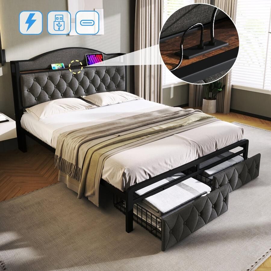 Sweiko Gestoffeerd bed met USB Type C oplaadfunctie en laden eenpersoonsbed 160 x 200 opbergbedden Bed frame met lattenboden gemaakt van metalen frame Donkergrijs (zonder matras)