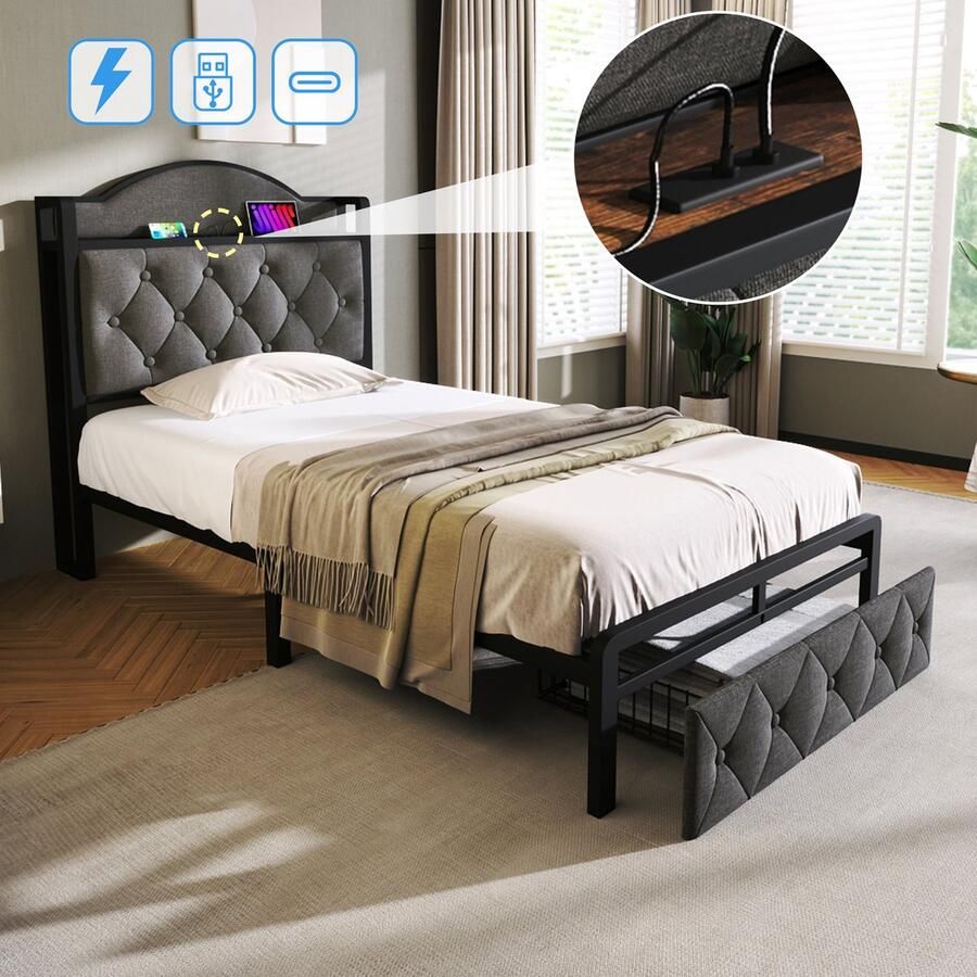 Sweiko Gestoffeerd bed met USB Type C oplaadfunctie en laden eenpersoonsbed 90 x 200 opbergbedden Bed frame met lattenboden gemaakt van metalen frame Donkergrijs (zonder matras)