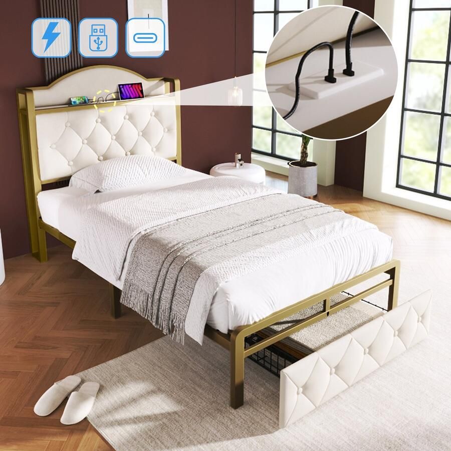 Sweiko Gestoffeerd bed met USB Type C oplaadfunctie en laden eenpersoonsbed 90 x 200 opbergbedden Bed frame met lattenboden gemaakt van metalen frame Licht Beige (zonder matras)