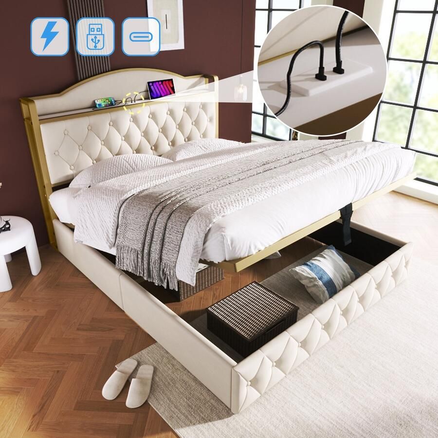 Sweiko Gestoffeerd bed met USB Type C oplaadfunctie tweepersoonsbed 160 x 200 opbergbed met metalen frame lattenboden Licht Beige (Zonder matras)