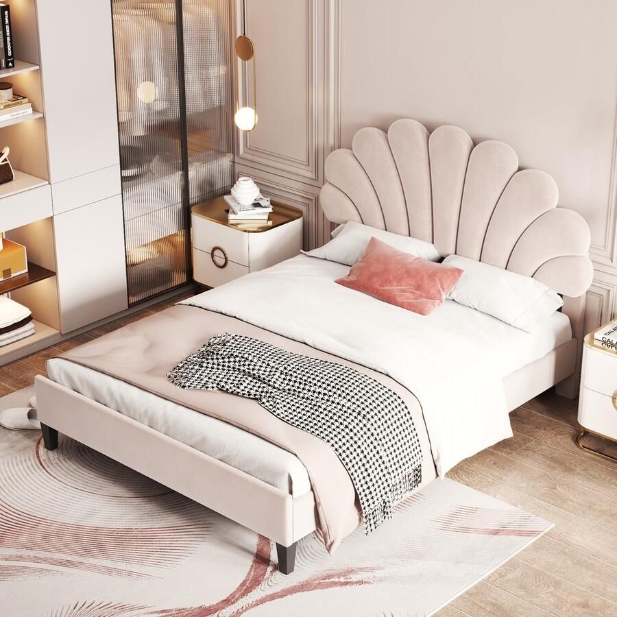 Sweiko Gestoffeerd bed Tweepersoonsbed 140 x 200 cm Bedlijst met Bloemvormig Hoofdeinde en Lattenbod Volwassen Jeugdbed in Huidvriendelijke Fluwelen stof Gastenbed Beige