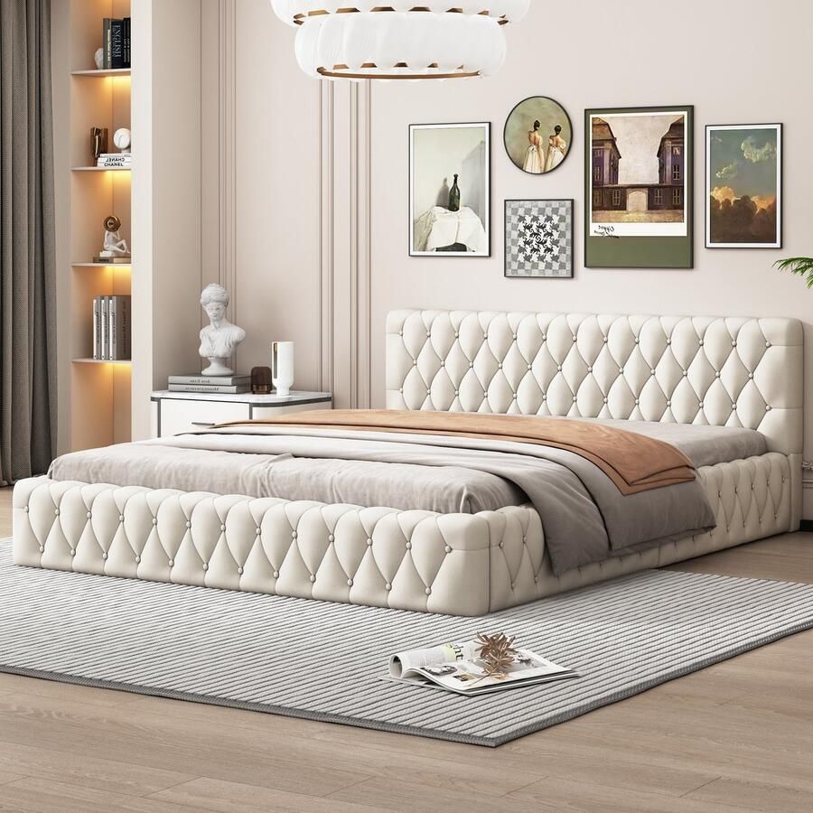 Sweiko Gestoffeerd Bed Tweepersoonsbed 140 x 200 cm Gemaakt van Huidvriendelijk Velours Beige