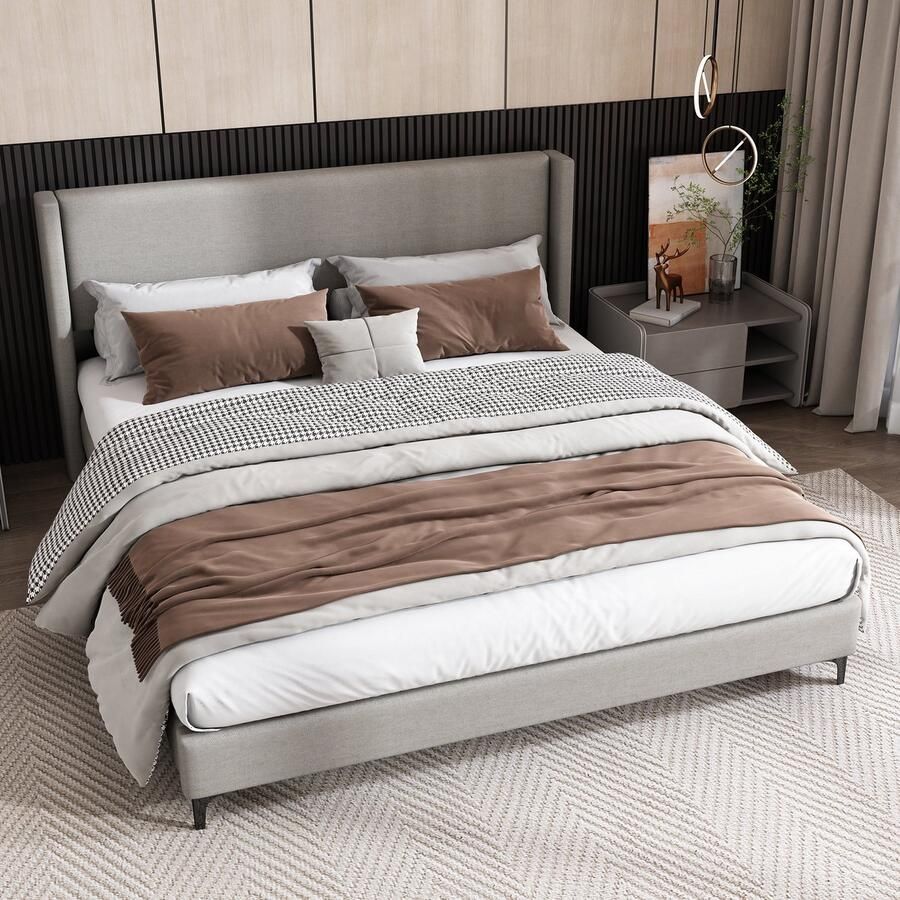 Sweiko Gestoffeerd bed Tweepersoonsbed bed met plat noedles bedframe Hoog Hoofdbord Gestoffeerd hoofdbord 180 x 200 cm linnen Grijs (Geen matras)
