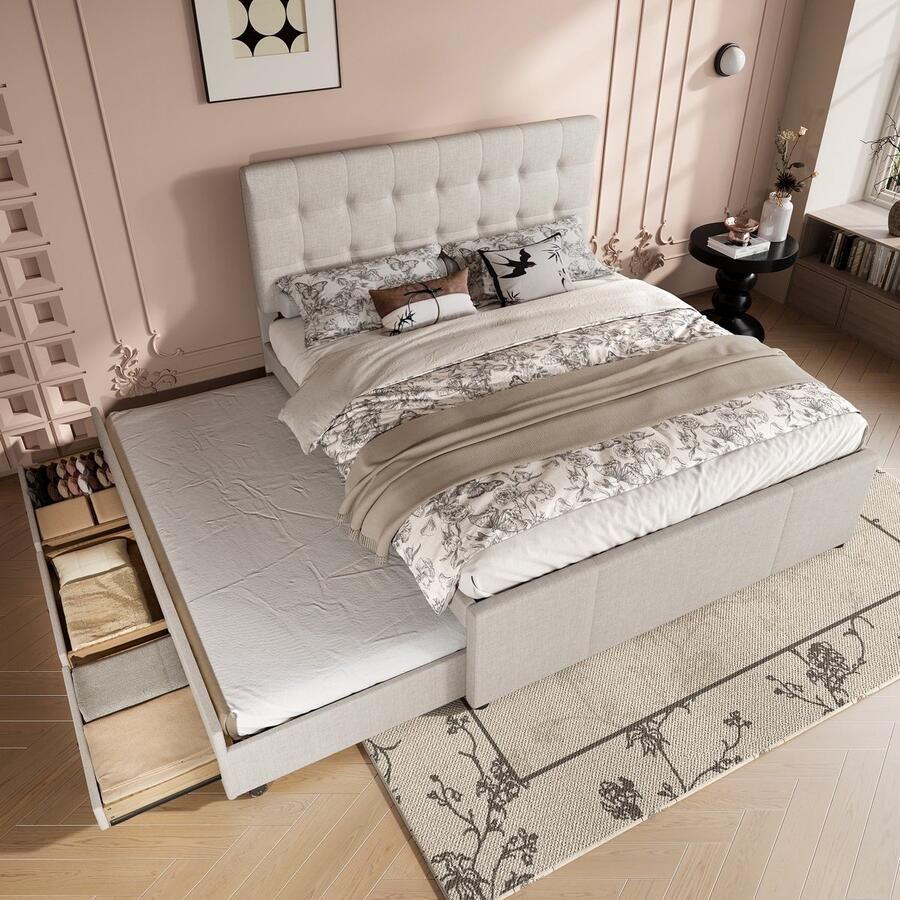 Sweiko Gestoffeerd bed Tweepersoonsbed Familiebed Tweepersoonsbed met 3 lades Uitschuifbaar bed Verstelbaar hoofdeinde Beige 140x200cm