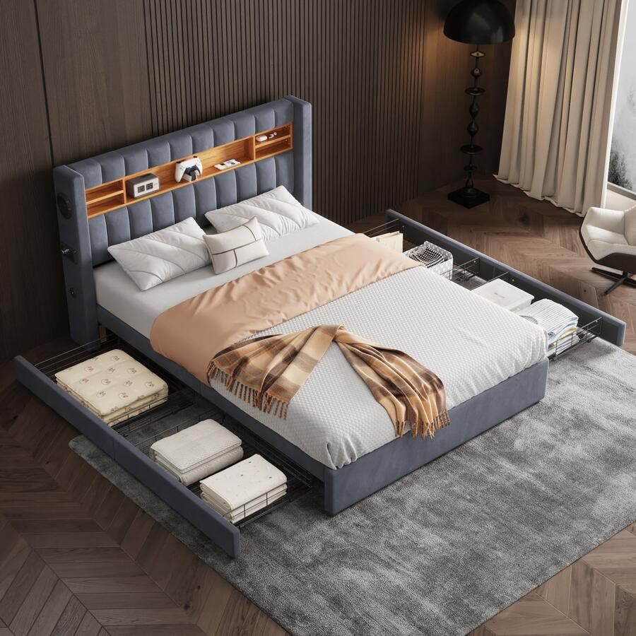 Sweiko Gestoffeerd bed Tweepersoonsbed met 16-kleuren LED Strip Bluetooth speler en USB oplaadstation met vier laden Open scheiding met houtnerf fluweel massief hout MDF Grijs 140x200cm