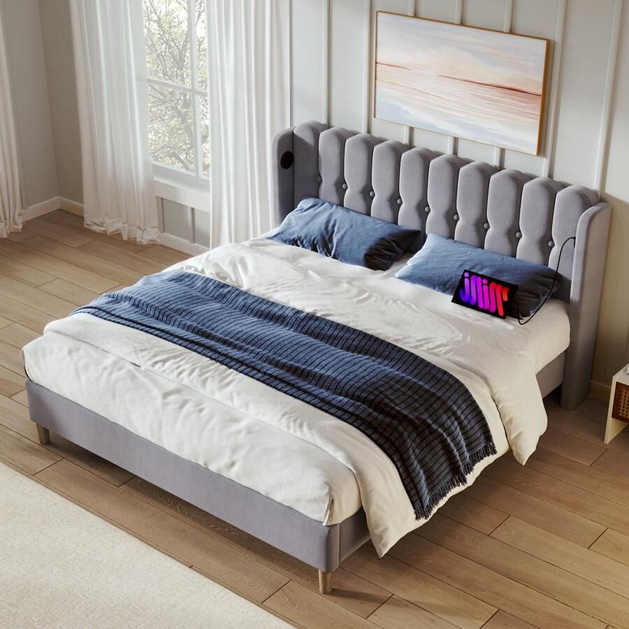 Sweiko Gestoffeerd bed Tweepersoonsbed met USB Type C Oplaadfunctie Bedplaats met platte noedelsvoet Grijs Gestoffeerd bed 160 x 200 cm bedplaats Slaapkamer Jeugdbed Gastenkamer linnenmateriaal (geen matras)