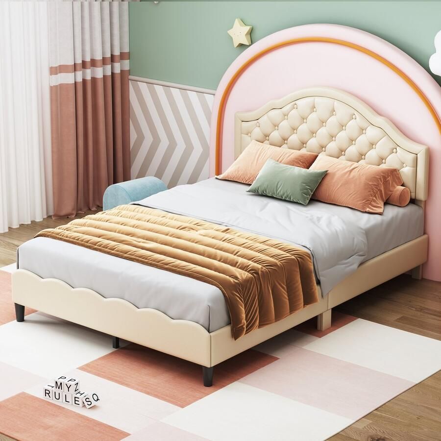 Sweiko Gestoffeerd Bed Twin 140 x 200 cm met Platte noedelsframe en rugleuning PU leer Volwassen Jeugd Bed Beige (matras niet inbegrepen)