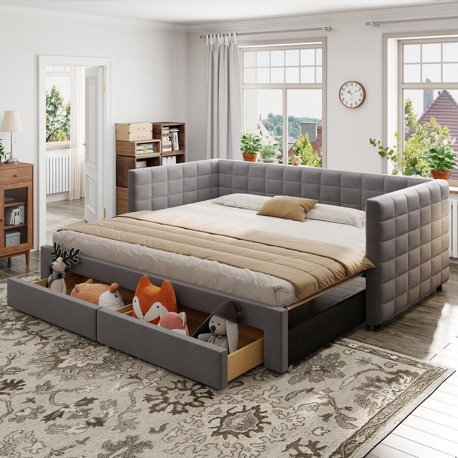 Sweiko Gestoffeerd bed Uitschuifbare slaapbank 90 180 x 190 cm 2 lades Linnen Grijs (zonder matras)