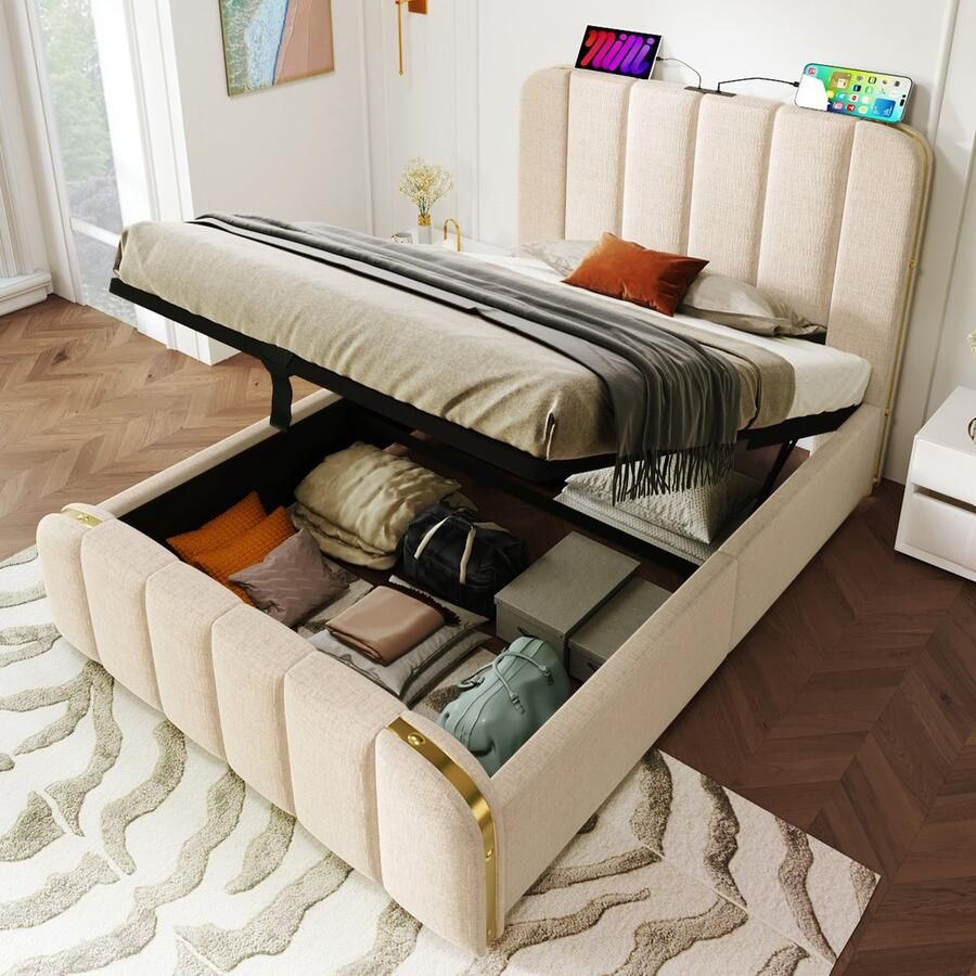 Sweiko Gestoffeerd Eenpersoonsbed met gouden rand en USB Type-C oplaadfunctie 90*200 cm hydraulisch opbergbed beige linnenstof