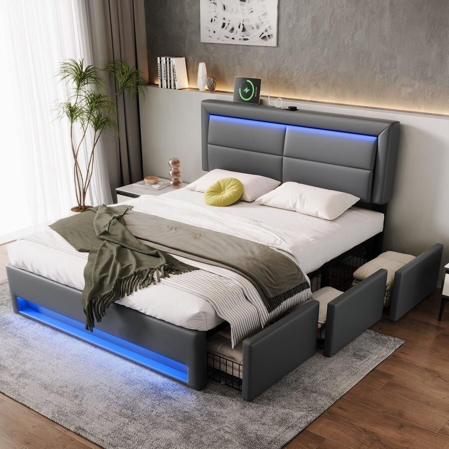 Sweiko Gestoffeerd tweepersoonsbed 140 x 190 cm Hydraulische opbergruimte USB-poort LED-verlichting 3 laden Zonder matras Grijs