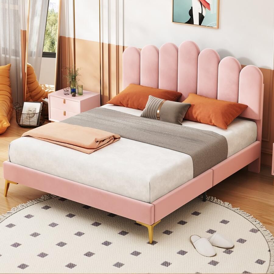 Sweiko Gestoffeerd Tweepersoonsbed 140 x 200 cm Bedplaats met hoofdeinde en plat noedelsframe volwassen jeugdbed gastenbed in Roze fluwelen stof