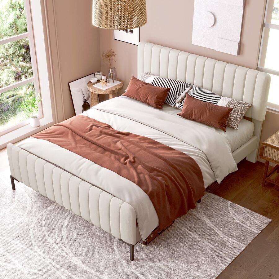 Sweiko Gestoffeerd Tweepersoonsbed 160 x 200 cm Bedplaats met plat noedelsframe en verstelbaar hoofdeinde Grijs Beige gestoffeerd bed slaapkamer bedplaats jeugdbedkamer linnenmateriaal (geen matras)