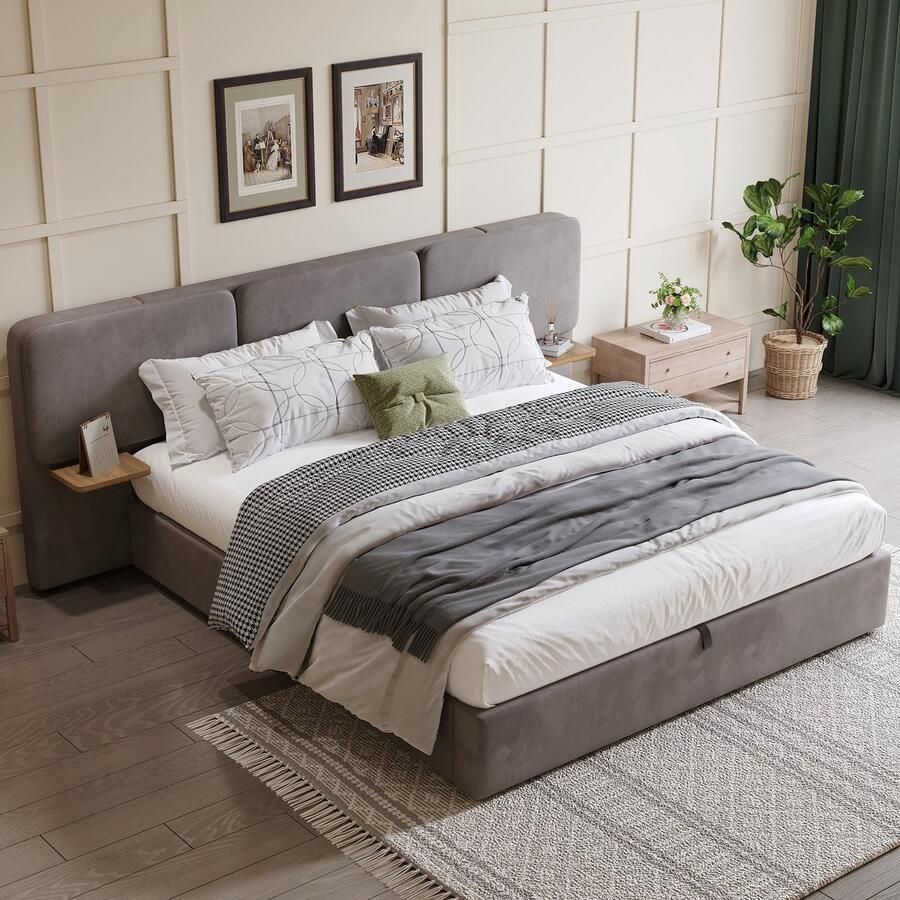 Sweiko Gestoffeerd tweepersoonsbed 180 x 200 cm Hydraulische opbergruimte Inklapbaar hoofdeinde Geen matras Fluweel Grijs