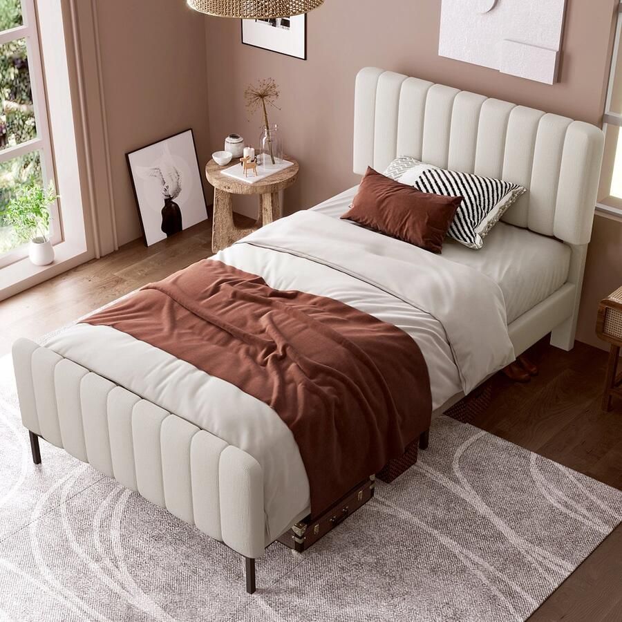 Sweiko Gestoffeerd Tweepersoonsbed 90 x 200 cm Bedplaats met plat noedelsframe en verstelbaar hoofdeinde Grijs Beige gestoffeerd bed slaapkamer bedplaats jeugdbedkamer linnenmateriaal (geen matras)