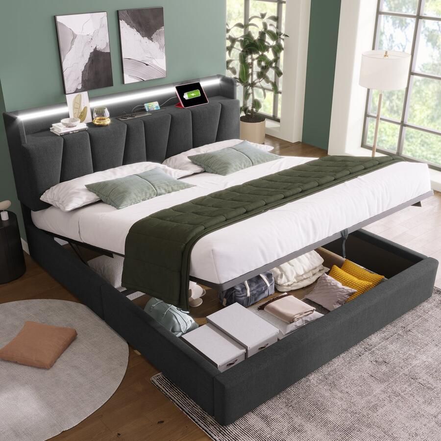 Sweiko Gestoffeerd tweepersoonsbed met oplaadbare USB-functie en LED-verlichting 140x200 cm opbergbed houten lattenbodem grijs