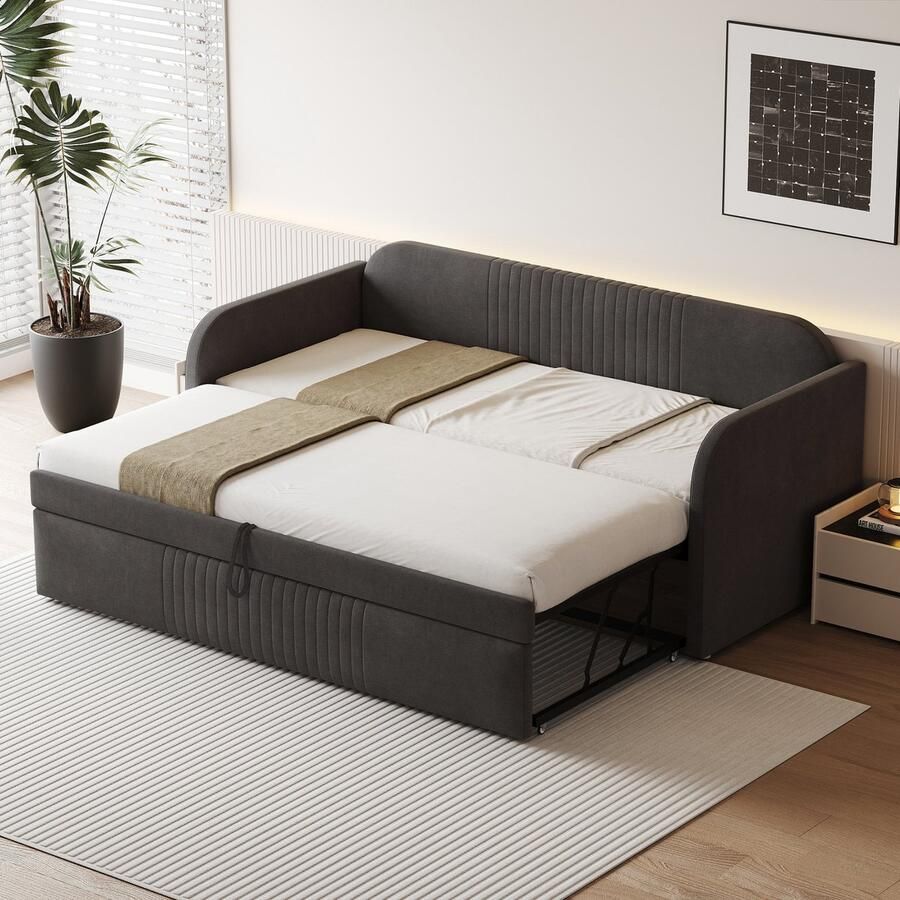 Sweiko Gestoffeerde Slaapbank 90 180x190cm met Verticale Strepen met Platte Noedelslijst Multifunctioneel bed comfortabel en ademend linnen Donkergrijs (excl. matras)