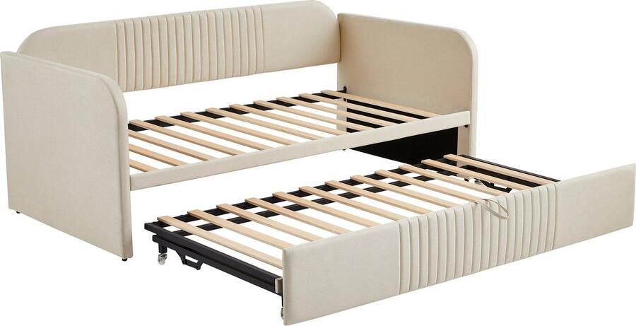 Sweiko Gestoffeerde Slaapbank 90 180x190cm met Verticale Strepen met Platte Noedelslijst Multifunctioneel bed comfortabel en ademend linnen Beige (excl. matras)