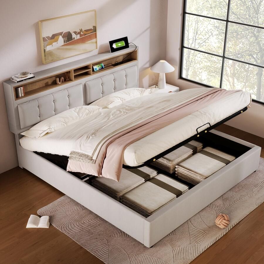 Sweiko Gestofferd bed Dubbele bed Oplaadfunctie met USB type C Stopcontact Hoofdbord Opbergbed Beige linnenmateriaal bedstead Jeugdbed 160x200 met Flat noedels grille (geen matras)