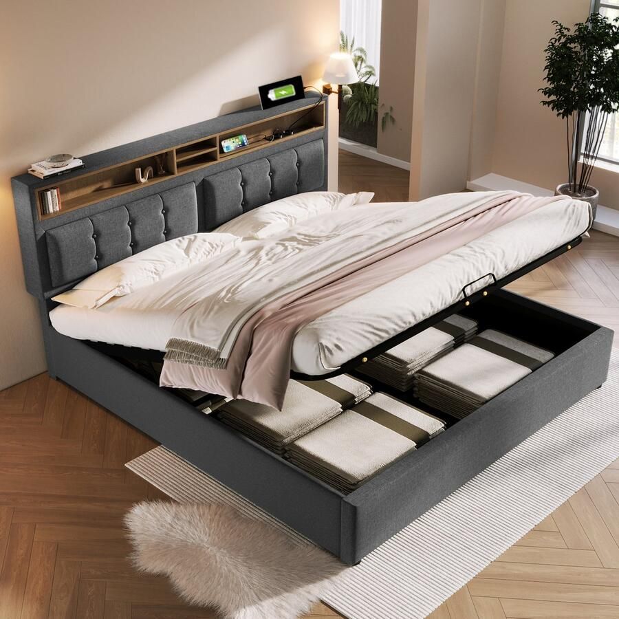 Sweiko Gestofferd bed Dubbele bed Oplaadfunctie met USB type C Stopcontact Hoofdbord Opbergbed Grijs linnenmateriaal bedstead Jeugdbed 140x200 met Flat noedels grille (geen matras)