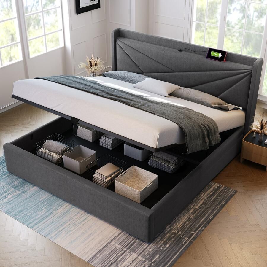 Sweiko Gestofferd bed Eenpersoonsbed Opbergdoos met USB Type-C oplaadfunctie Hoofdbord opbergbed Linnenmateriaal bedstead 140x200cm jeugdbed met Flat noedels grille Grijs (geen matras)