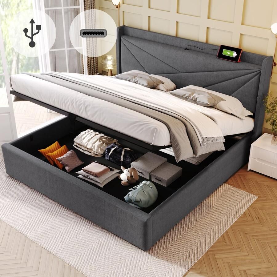 Sweiko Gestofferd bed Eenpersoonsbed Opbergdoos met USB Type-C oplaadfunctie Hoofdbord opbergbed Linnenmateriaal bedstead 180x200cm jeugdbed met Flat noedels grille Grijs (geen matras)