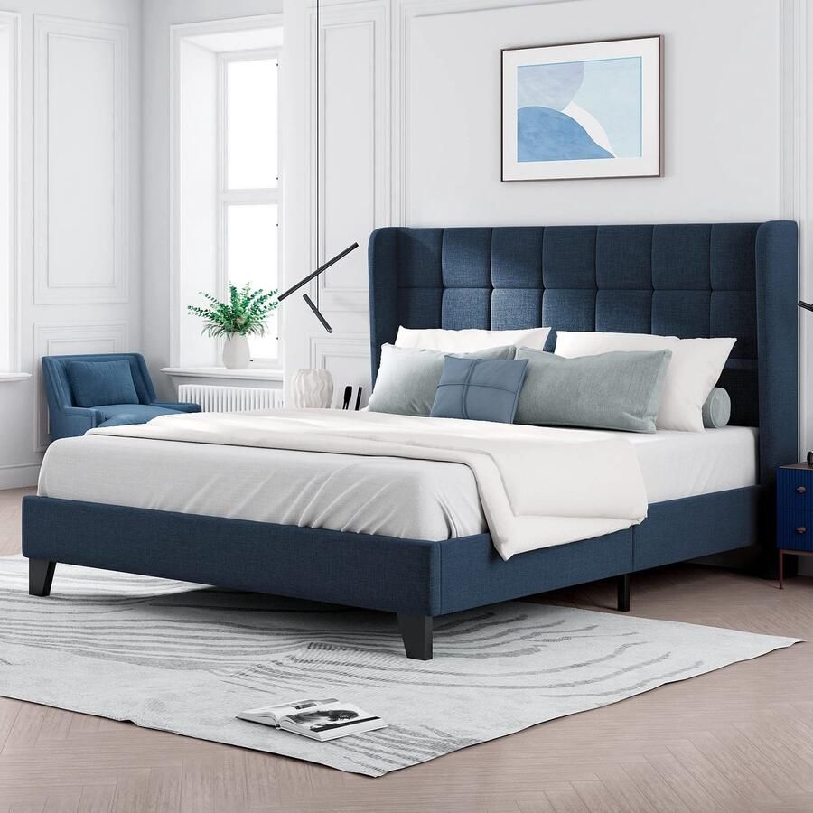 Sweiko Gestofferd bed Gestoffeerd Hoofdbord Twin bed met Flat noedles frame 140x200cm Blauw linnen medium sterkte (geen matras)